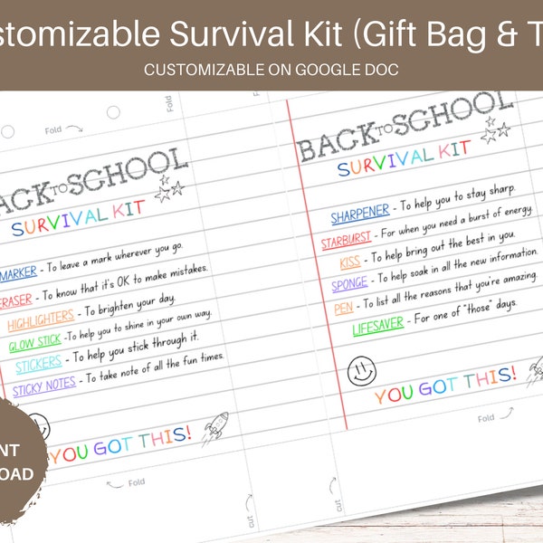 Back To School Survival Kit Gift Bag & Tag. Customizable Student and Teacher School Gift in Google Doc. Instant Download.  Printable.