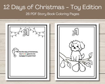 Pode incluir: Página para colorir em preto e branco com o primeiro verso da canção dos 12 dias de Natal. O verso diz: "No primeiro dia de Natal, minha família me deu um cachorrinho em uma pereira!" A ilustração mostra um cachorrinho sentado em uma pereira.