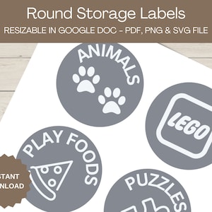 Playroom Toy Storage Labels: Minimalist Round Off-White on Dark Grey (PDF, PNG, SVG)