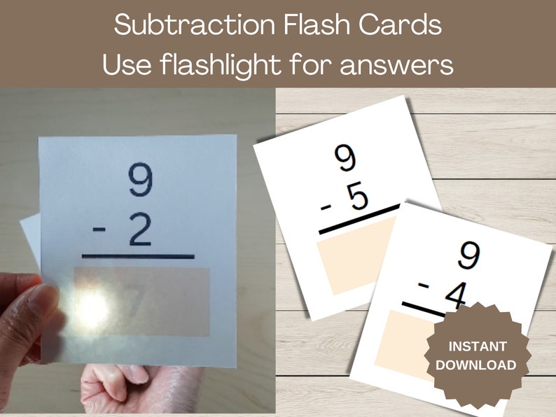 Subtraction Math Printable Flash Cards for Early Education Elementary ...