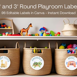 Editable Round Playroom Labels (2&#39;&#39; & 3&#39;&#39;) – 96 Toy Bin Stickers | Canva Template, Instant Download