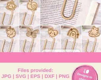 ペーパークリップブックマークSVGバンドル | 月、蝶、カエル、カタツムリのデザイン（デジタルダウンロード）