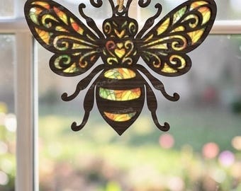 ミツバチのサンキャッチャーSVG、マンダラステンドグラススタイル、レーザーカットファイル