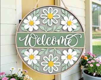 重ね合わせたデイジーのウェルカムサインSVG、春のドアハンガー、レーザーカットファイル（デジタルダウンロード）