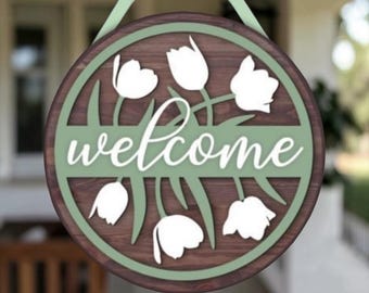 重ね合わせたチューリップのウェルカムサインSVG、春のドアハンガー、レーザーカットファイル（デジタルダウンロード）