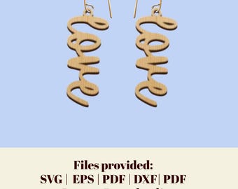 ラブスクリプトイヤリングSVG、バレンタインデージュエリーレーザーカットファイル、ガールフレンドギフトの即時ダウンロード