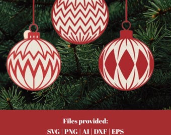 May include: Three red and white Christmas ornaments with various geometric designs hang against a backdrop of green pine needles. The image includes the text "Files provided: SVG | PNG | AI | DXF | EPS Instant Download!"