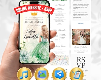 Green Quinceañera Website Invitation, Princess Mis Quince Digital Invite, Green Dress Sweet 16 Website RSVP, Custom Quince Invitation