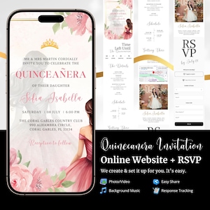 Convite para site de quince rosa, vestido rosa de princesa para quinceañera, convite eletrônico para aniversário de 16 anos de conto de fadas e RSVP online
