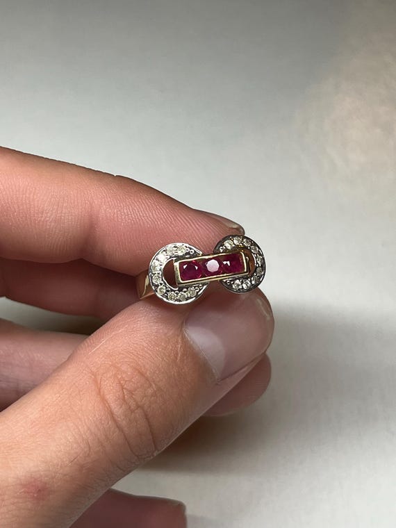 18k Solid Gold Natural Diamond/Ruby Eternity Ring - image 2