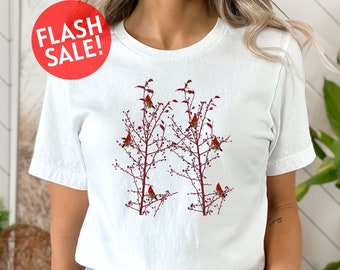 Wildflower Red Cardinal Shirt, Bird Lover Shirt, Goblincore Shirt, Botanical Shirt, Ladies Bird Tshirt, Floral Nature Tshirt, Gardener Shirt