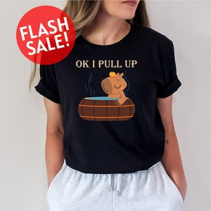May include: Black t-shirt with a cartoon capybara in a hot tub with the text "OK I PULL UP" printed on it.