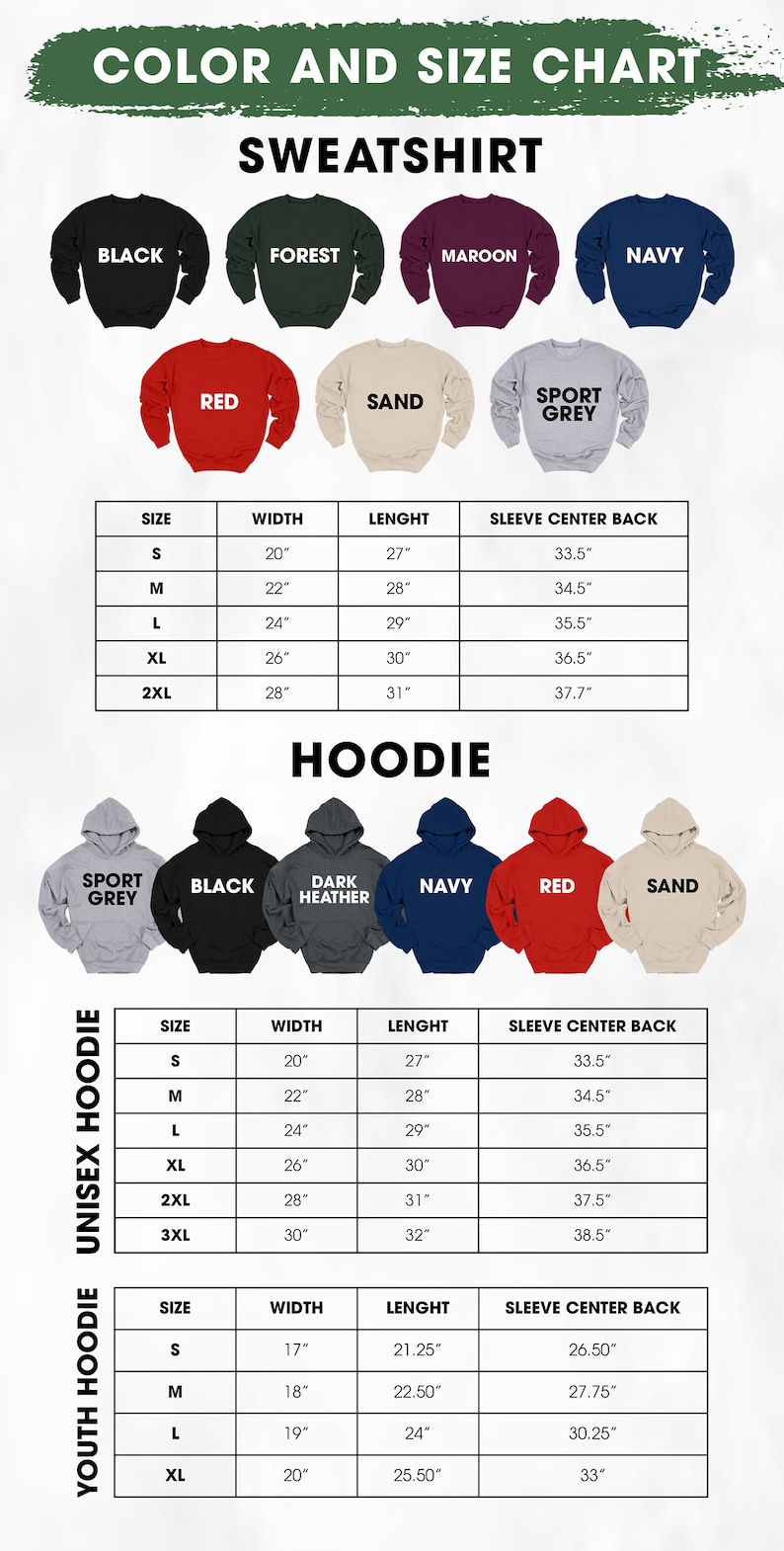 May include: Size chart for sweatshirts and hoodies in various colors, including black, forest green, maroon, navy, red, sand, and sport grey. The chart shows the width, length, and sleeve center back measurements for sizes S, M, L, XL, 2XL, and 3XL.