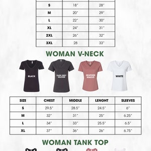 May include: Color and size chart for unisex, women's v-neck and women's tank top shirts. The chart shows different sizes and measurements in inches. The shirts are available in a variety of colors, including black, white, dark grey heather, forest green, heather mauve, athletic heather, maroon, navy, orange, and red.
