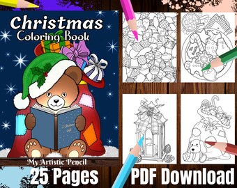 Coloring Pages: Christmas Coloring Book, Easy Adult Coloring Book, 25 Digital Coloring Pages (Printable, PDF Download),