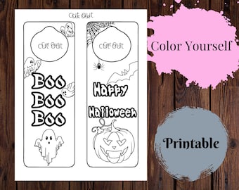 Halloween printable Door knob hangers coloring  signs, Halloween Coloring Crafts for Kids, Door Hangers, Coloring pages all Hallows eve