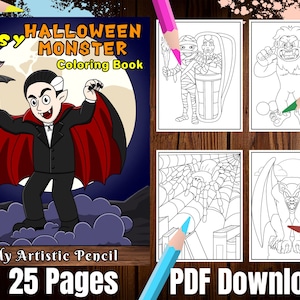Coloring Pages: Halloween Coloring Book, Easy Monsters Coloring Pages25 Digital Coloring Pages (Printable Download PDF, JPEG)