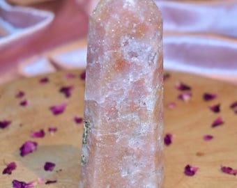 Pink Amethyst Tower, Druzy Quartz Pockets, Natural Crystal Obelisk