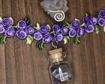 Handmade Floral Choker, Mini Crystal Bottle, Fluorite Chips