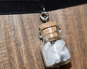 Rainbow Moonstone Chip Bottle Choker, Black Velvet Necklace