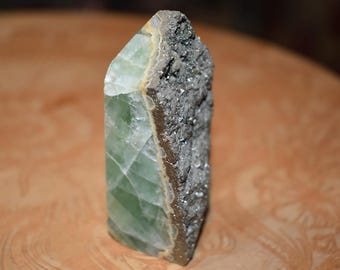 Green Fluorite Tower, Natural Pyrite Druzy, Crystal Obelisk