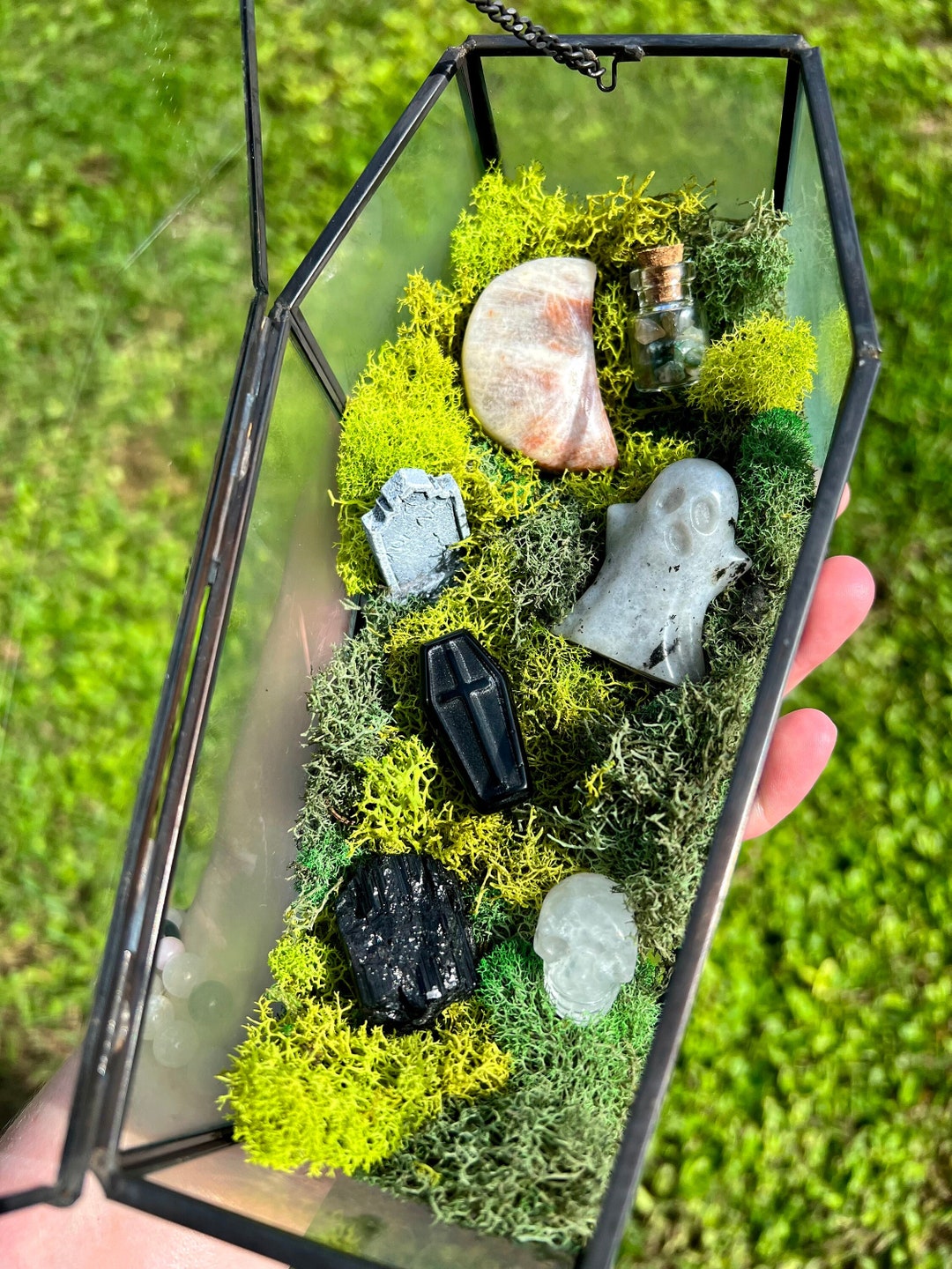 Halloween Crystal Coffin Glass Terrarium spooky Season Decor, Graveyard