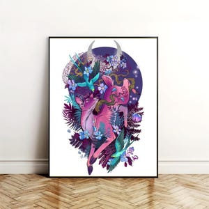 May include: A pink deer with antlers, surrounded by purple and blue flowers and leaves, against a dark blue background with a crescent moon.