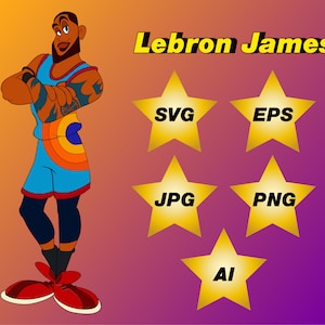 May include: A cartoon illustration of LeBron James wearing a blue and orange basketball uniform. The image includes the text "Lebron James" and five gold stars with the text "SVG", "EPS", "JPG", "PNG", and "AI" inside each star.