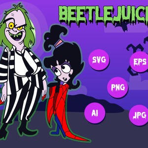 Puede incluir: Una ilustración digital de Beetlejuice y Lydia Deetz de la película Beetlejuice. Los personajes están en un estilo de dibujos animados y están de pie frente a un fondo morado con un árbol espeluznante y un cementerio. El texto "BEETLEJUICE" está en la parte superior de la imagen. La imagen está disponible en los formatos SVG, EPS, PNG, AI y JPG.