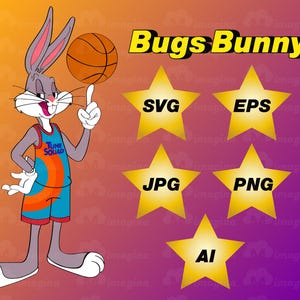 Puede incluir: Imagen de dibujos animados de Bugs Bunny con un uniforme de baloncesto de Tune Squad, equilibrando un balón de baloncesto en su dedo. La imagen incluye el texto "Bugs Bunny" e iconos de formatos de archivo SVG, EPS, JPG, PNG y AI.