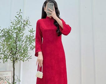 Double layers Loose Burgundy modern ao dai | Flowers patterns| áo dài cách tân| Pre made Ao dai | Ao dai Tet| No pants| S-6XL