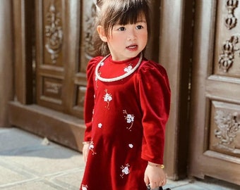 Ao Dai Nhung for Baby Girl| Stretchy and warm fabric| Pants included| Ao dai Tet tre em 2023| Pre made baby ao dai