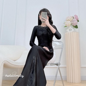 RACHEL Black ao dai with simple crystals rhinestones| áo dài Vietnam| Ao dai women| uniform ao dai| No pants| 4D silk| S-5XL