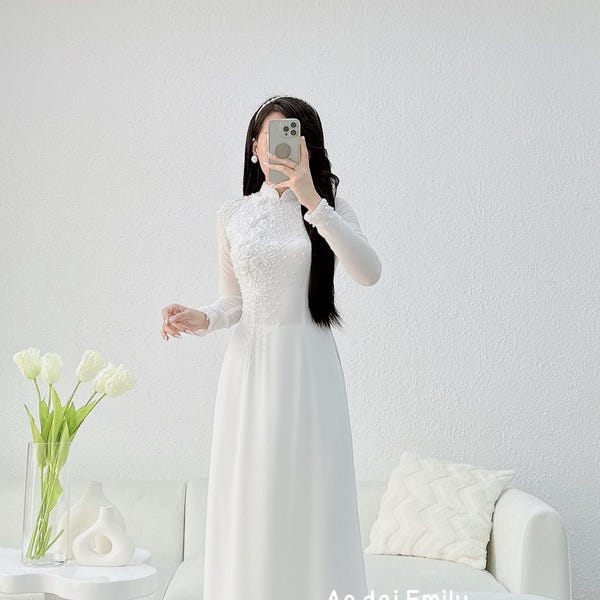 Ao dai with designed crystals, pearls and 3D flowers| Double layers chiffon ao dai| | Bridal| Ao dai for brides| No pants| S-6XL| Aloha