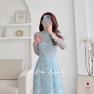 ANNA Mini flowers Pre-made Silk Ao dai | Double layers Ao dai set for women| Ao Dai Viet Nam| Vietnamese long dress| with pants