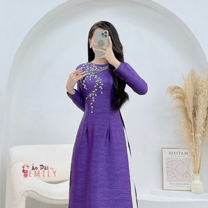 Plain Purple ao dai with designed crystals | Lụa vân pháp áo dài| Pre made ao dai|  Vietnamese long dress| No pants| VT043