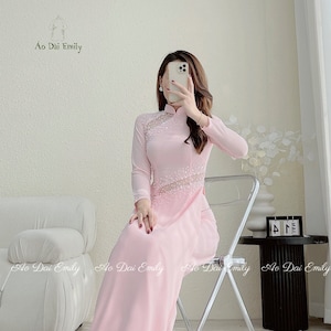 GRACE Cut out ao dai set with designed crystals| Double layers chiffon ao dai | Pink Pants | Blush pink|
