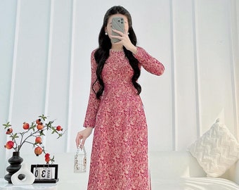 Mint Green Ao Dai Set - Traditional Vietnamese Dress With Magenta Pants