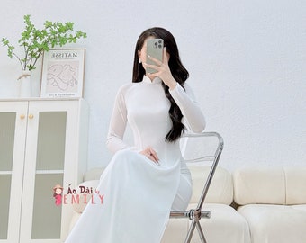 OAKLEY White Double layers chiffon Ao Dai Set| Pre-made Vietnamese Long Dress | Plain white color | With pants| Uniform ao dai|