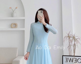 DELLA Double layers chiffon Ao Dai Set with design button| Pre-made Vietnamese Long Dress | Baby Blue Plain color | With pants| S-6XL
