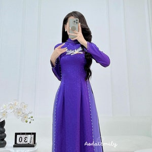 Purple embroidery ao dai set with orchid embroidery| áo dài gấm thêu hoa| Vietnamese long dress| áo dài with pants| HN144