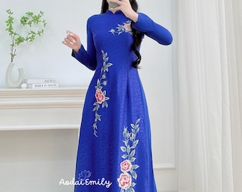 Blue Vietnamese traditional Ao Dai long dress with 3D flower 