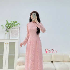 RILEY Blush Pink Lace and Silk áo Dài With Pearls | Ao Dai