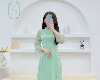 MIA Light green double layers modern ao dai set with embroidery flowers | áo dài cách tân| with pants| Ao dai women