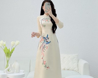 Ensemble Ao Dai fleurs de printemps crème/bleu | Ao Dai en taffetas|  Robe longue vietnamienne moderne | Avec un pantalon