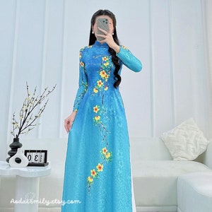 Áo dài lụa in hoa|  Printed Spring flowers pattern|  Pre made ao dai for women| Vietnamese long dress| Ao dai Tet 2025| No pants|
