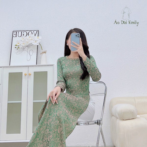 Ao dài lụa gấm| Dark green Pre made ao dai Vietnam| Women long dress|| Vietnamese long dress| Ao dai Truyen thong Vietnam| No pants