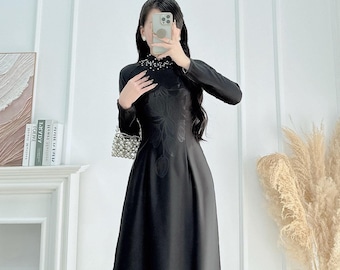 MADELYN Black ao dai with simple crystals rhinestones| áo dài Vietnam| Ao dai women| uniform ao dai| No pants| 4D silk