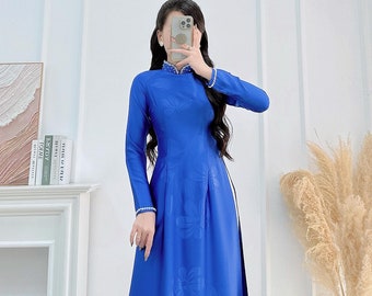 Sapphire Blue ao dai with simple crystals rhinestones| áo dài Vietnam| Ao dai women| uniform ao dai| No pants| 4D silk| CQ049
