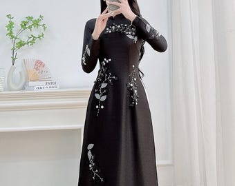 Black Lily flowers with crystals| Pre made long dress| Ao dài Việt| Bridesmaids| No pants| S-3XL